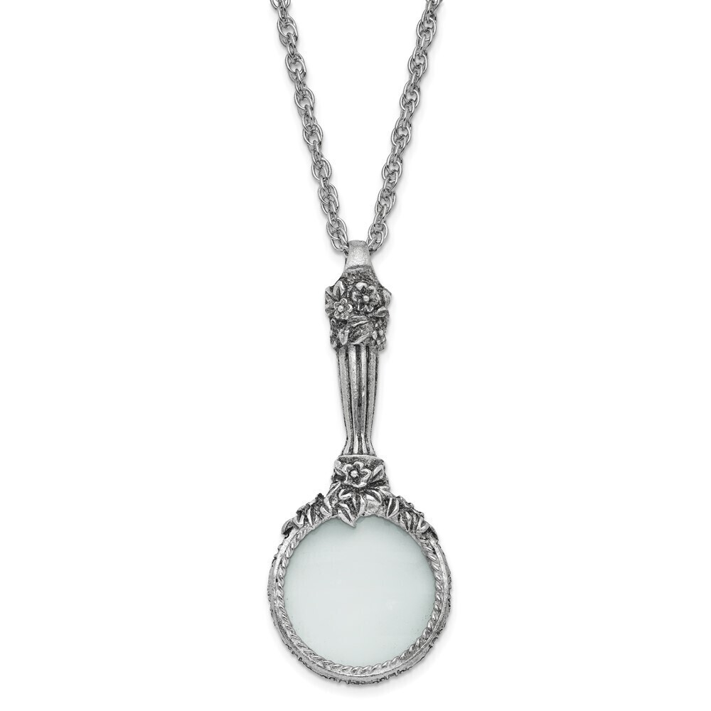1928 Silver-tone Textured Vintage Handle 4-5X Magnifying Glass 30 inch Necklace